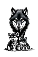 black alpha wolf head protecting pups playing near by tattoo design idea