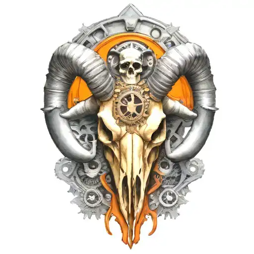 rocky mountain ram skull,  tattered orange ribbon, gears, airbrushed, chrome tattoo design idea