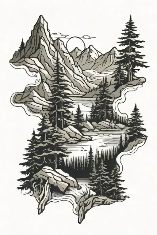 mountains and western hemlock trees with river tattoo design idea
