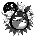 Hibiscus, 7 discreet little hearts, the "Carpe Diem" sentence, a moon and a Totoro (Ghibli studio) tattoo design idea