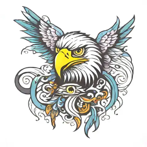 psychedelic eagle wings with eyes behind an ocean   tattoo design idea