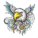 psychedelic eagle wings with eyes behind an ocean   tattoo design idea