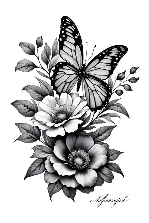 floral design with a butterfly and signature tattoo design idea