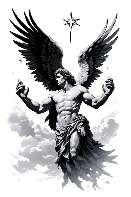 icarus fall with hands raising star to the sky tattoo design idea