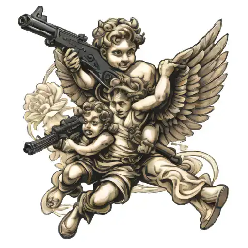 cherub with ak47 flying together tattoo design idea