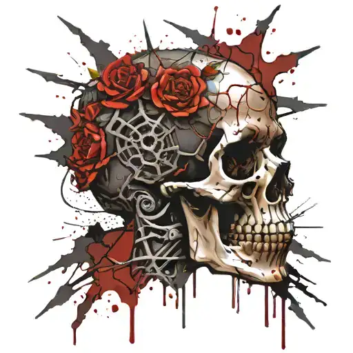 Broken Skull, No Jawbone, black Bloody Thorny diadem, cracked skull, bloody skull, missing bottom teeth, bloody thorns. tattoo design idea