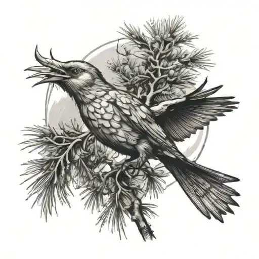apostle bird flying near cypress pine tree tattoo design idea