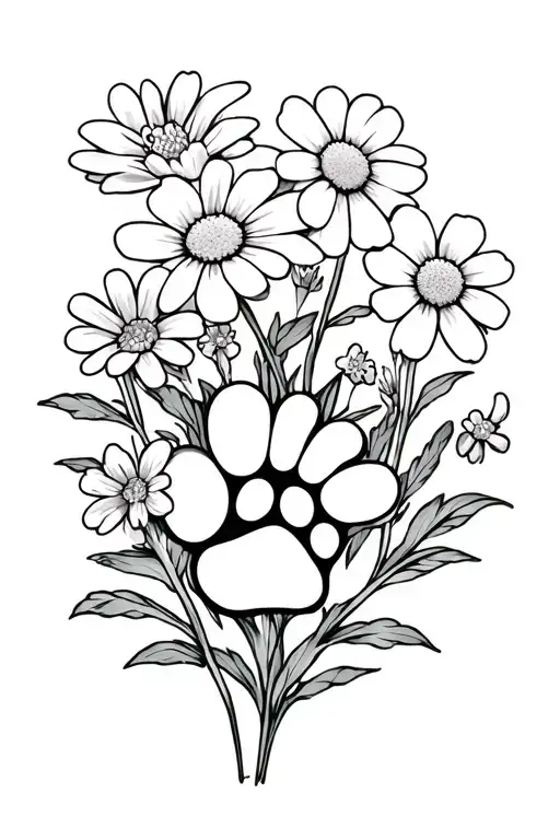 primrose and daisy flower with dog paw print and forget me not flowers, memorial piece tattoo design idea