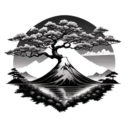 tree of life and mount fuji background tattoo design idea