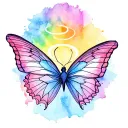 two fine line butterflies with halos and a watercolor rainbow backround tattoo design idea