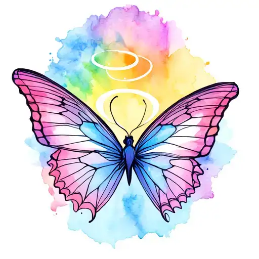 two fine line butterflies with halos and a watercolor rainbow backround tattoo design idea