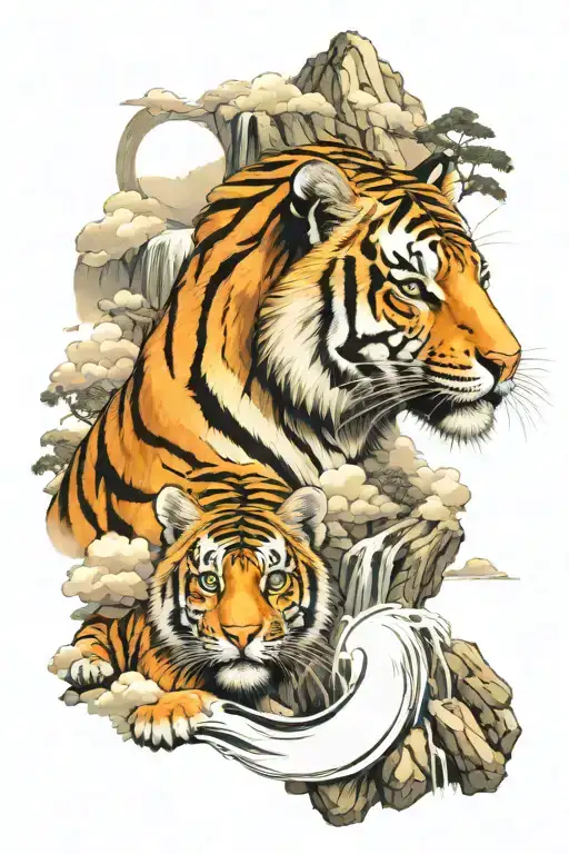 tiger and tiger cub against the backdrop of mountains and waterfalls. date 23.07.2022, yin yang symbol, sun and clouds, clock and time tattoo design idea