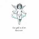 minimalistic cherub on a cloud with kids names tattoo design idea