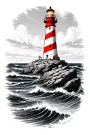 Classic lighthouse, lit top, red/white stripes (B&W), on jagged rock, smaller rocks, rough sea and dynamic waves, no sky tattoo design idea