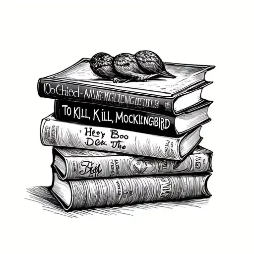 A stack of five  books  inspired by 'To Kill a Mockingbird' include the words Hey Boo, delete the adjectives tattoo design idea