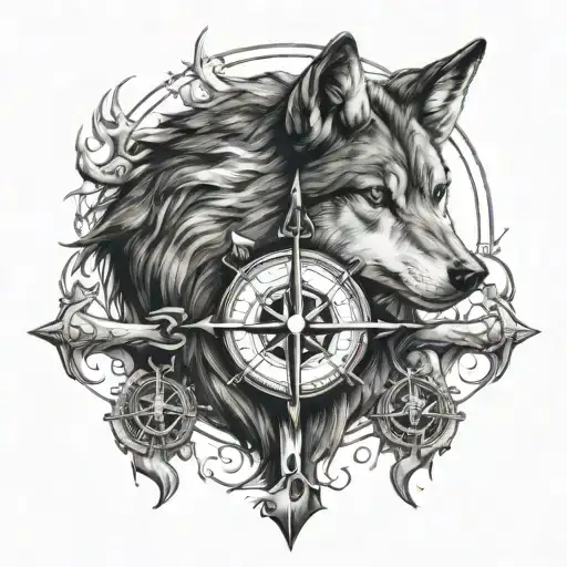 I'm designing a black and white tattoo with a wolf, an anchor and a compass. The wolf represents the battles I've had to tattoo design idea