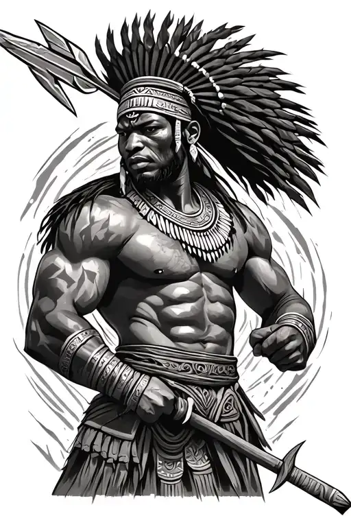 African warrior wielding spear tattoo design idea