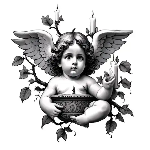 cherub on vine with burned out candle tattoo design idea
