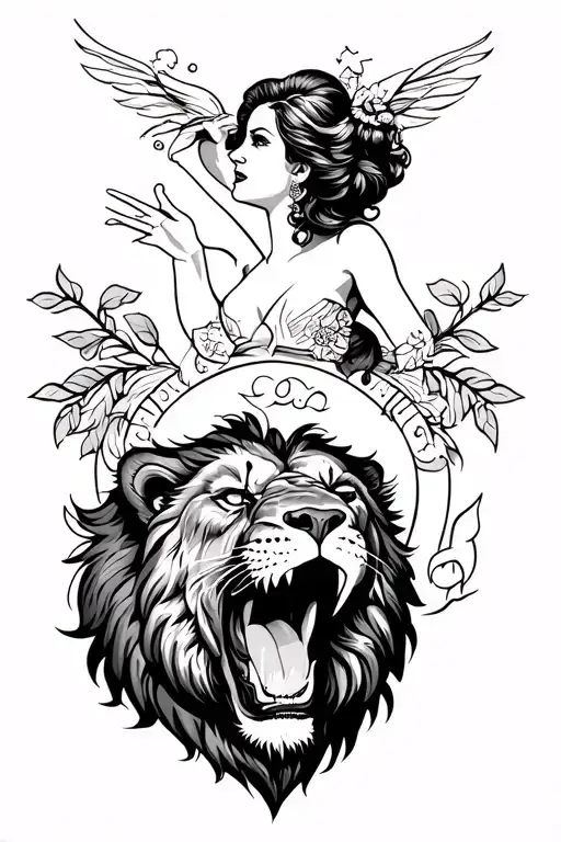 A bold, non-sexual black and grey American Traditional tattoo of a roaring lion with a vintage-style woman above it tattoo design idea