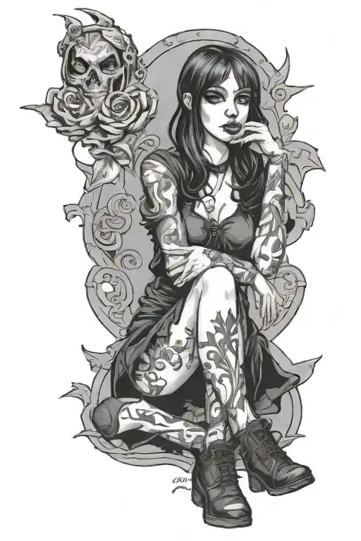 goth girl sitting down legs crossed tattoo design idea