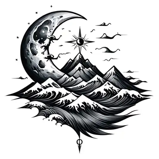 moon and sun waves mountain with sobriety compass intertwined tattoo design idea