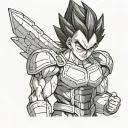 Vegeta with arms crossed, in anime format, black and white drawing, shading effects tattoo design idea