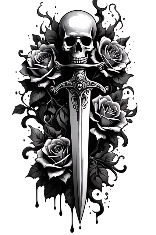 nedieval dagger, skull pommel, dripping blood, thorny roses, wispy rising smoke, Monica trailing down arm tattoo design idea