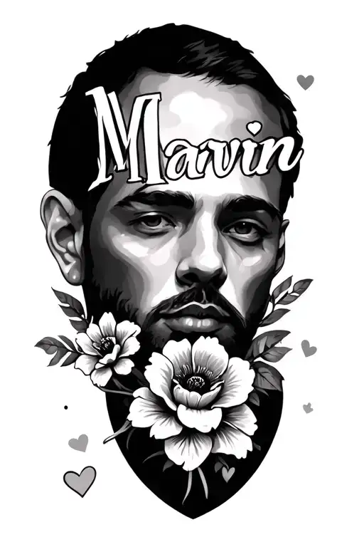 the word Marvin with a timeless piece with hearts and flowers tattoo design idea