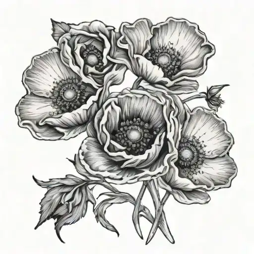3 poppies, Cosmos, Daisy all tied together with a bow at the stems  tattoo design idea