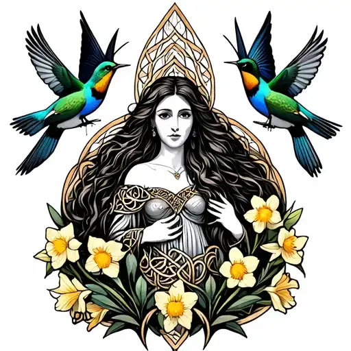 Celtic Goddess, Rhiannon. Surrounded by flying songbirds and daffodils tattoo design idea