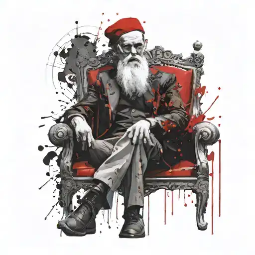 In the middle is an old man sitting on a throne, sins are on the throne. An old man with a beard and blindfolded eyes. T tattoo design idea