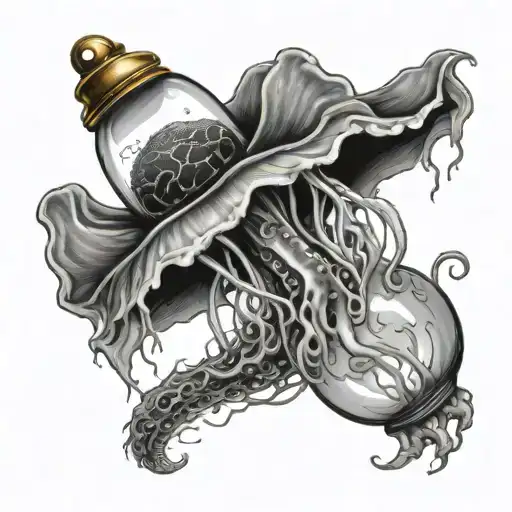 realistic jellyfish holding a potion bottle with tentical  tattoo design idea
