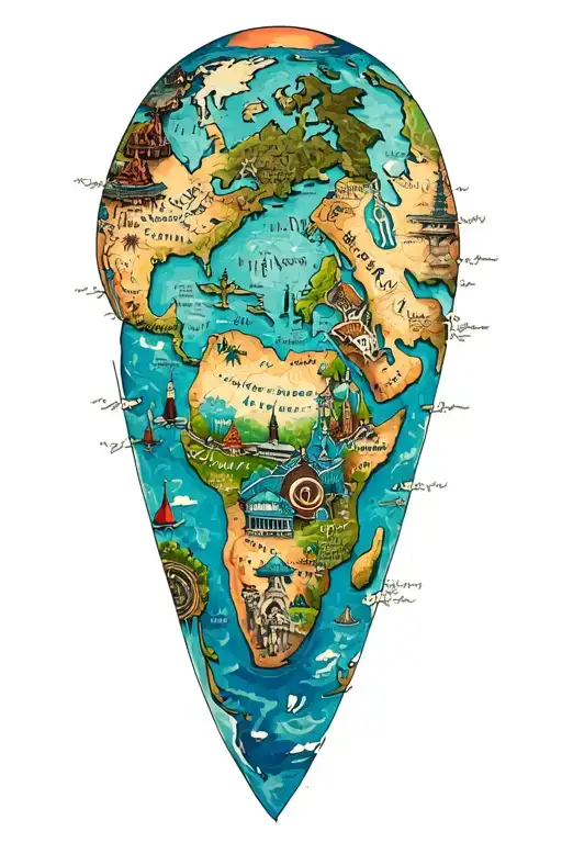 A detailed world map with landmarks from all the places you've traveled to, incorporating elements of wildlife native tattoo design idea