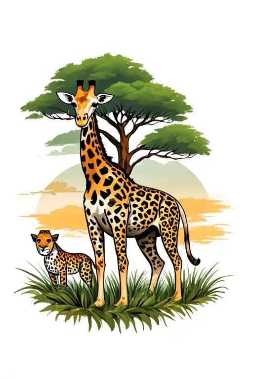 giraffe and leopard tattoo with tree in background in african safari tattoo design idea