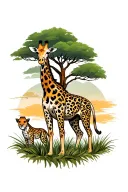 giraffe and leopard tattoo with tree in background in african safari tattoo design idea