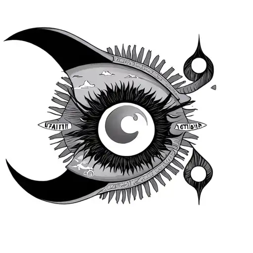 The eye of Horus embewed with a rising sun and setting moon, with an unk, and words Faith and Action tattoo design idea