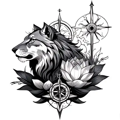 Lioness and wolf with a compass and lotus tattoo design idea