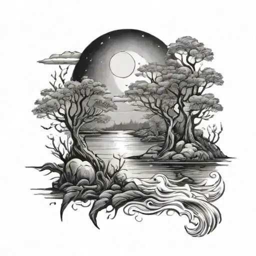 river and moon shining tattoo design idea