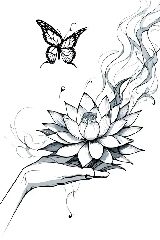 butterfly flying, lotus flower, smoke, hands moving tattoo design idea
