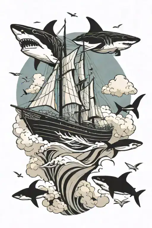 ship sailing with shark with clouds in background tattoo design idea