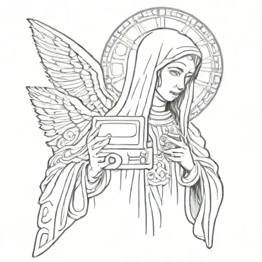 Small sketch for tattoo - Virgin Mary covers a surveillance camera with a dollar tattoo design idea