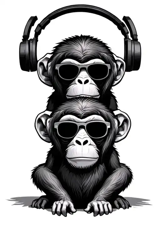 3 wise monkeys, stacked, see no evil with sunglasses, hear no evil with headphones, speak no evil with spray paint mask tattoo design idea