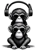 3 wise monkeys, stacked, see no evil with sunglasses, hear no evil with headphones, speak no evil with spray paint mask tattoo design idea