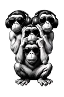 3 wise monkeys, stacked, see no evil with sunglasses, hear no evil with headphones, speak no evil with spray paint mask tattoo design idea