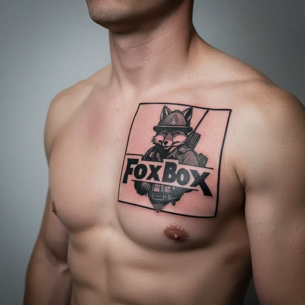 "Fox Box" "Fox Box" Tough looking fireman fox wearing firefighting gear with radio equipment. Helmet has fire symbol. tattoo design idea