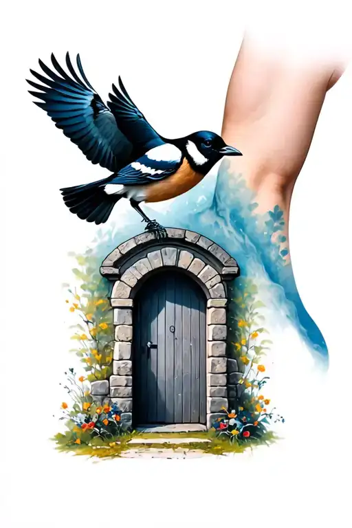 Memorial Tattoo a on man’s forearm with a lifelike magpie flying in front of a small stone built door incorporating a he tattoo design idea