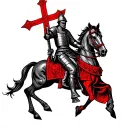 medieval knight holding sword riding a horse and holding the saint george cross in red tattoo design idea