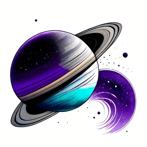 SATURN PLANET WHAT IS ACUTELA style in violet and turquoise colors tattoo design idea
