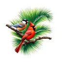 cardinal and chickadee in a Florida palm tree intertwined tattoo design idea