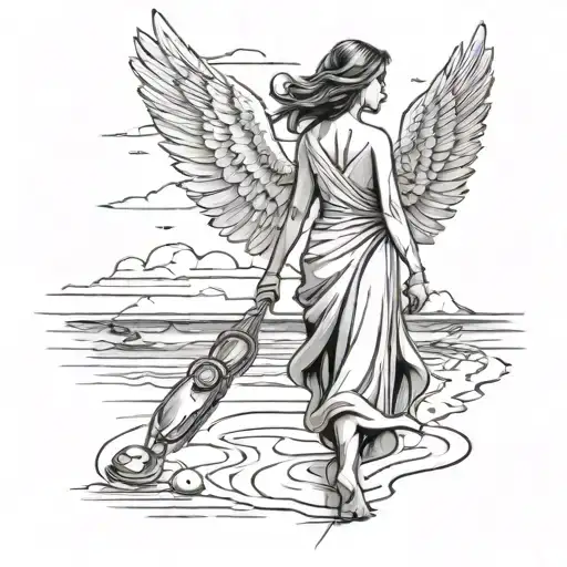 woman angel, facing way, walking alongst the beach by ocean, holding their sandles in one hand and martini in another tattoo design idea